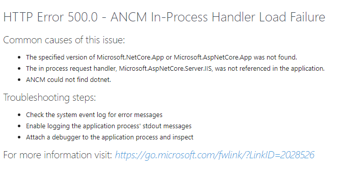HTTP5000 HTTP Error 500.0 ANCM In-Process Handler Load Failure